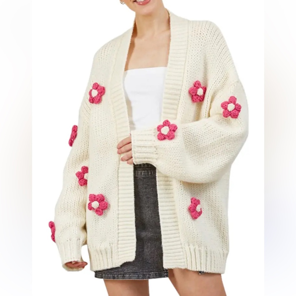ShopEvelynne Cream Cardigan with Pink Floral Accents